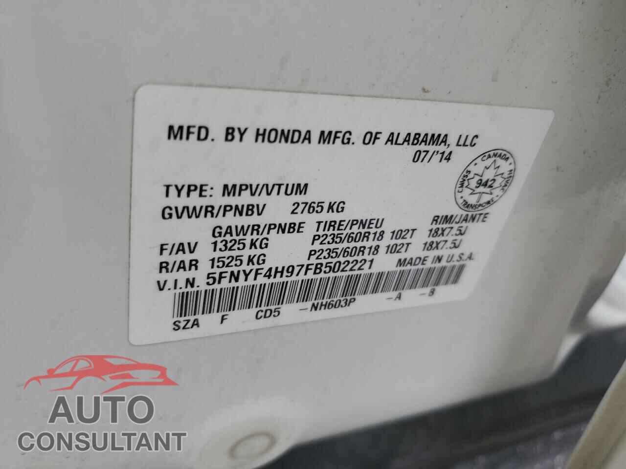 HONDA PILOT 2015 - 5FNYF4H97FB502221