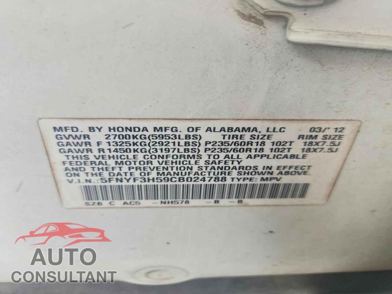 HONDA PILOT 2012 - 5FNYF3H59CB024788