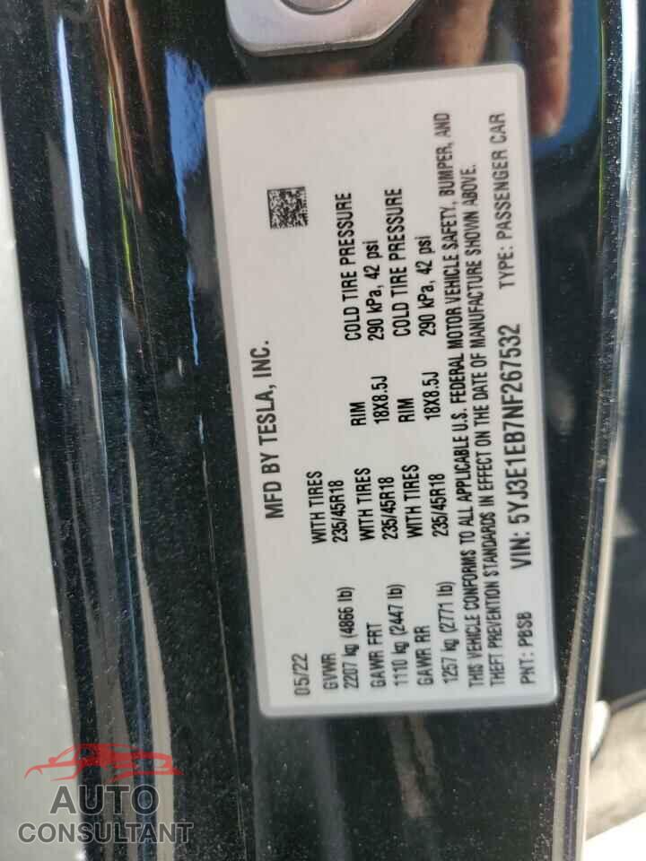 TESLA MODEL 3 2022 - 5YJ3E1EB7NF267532