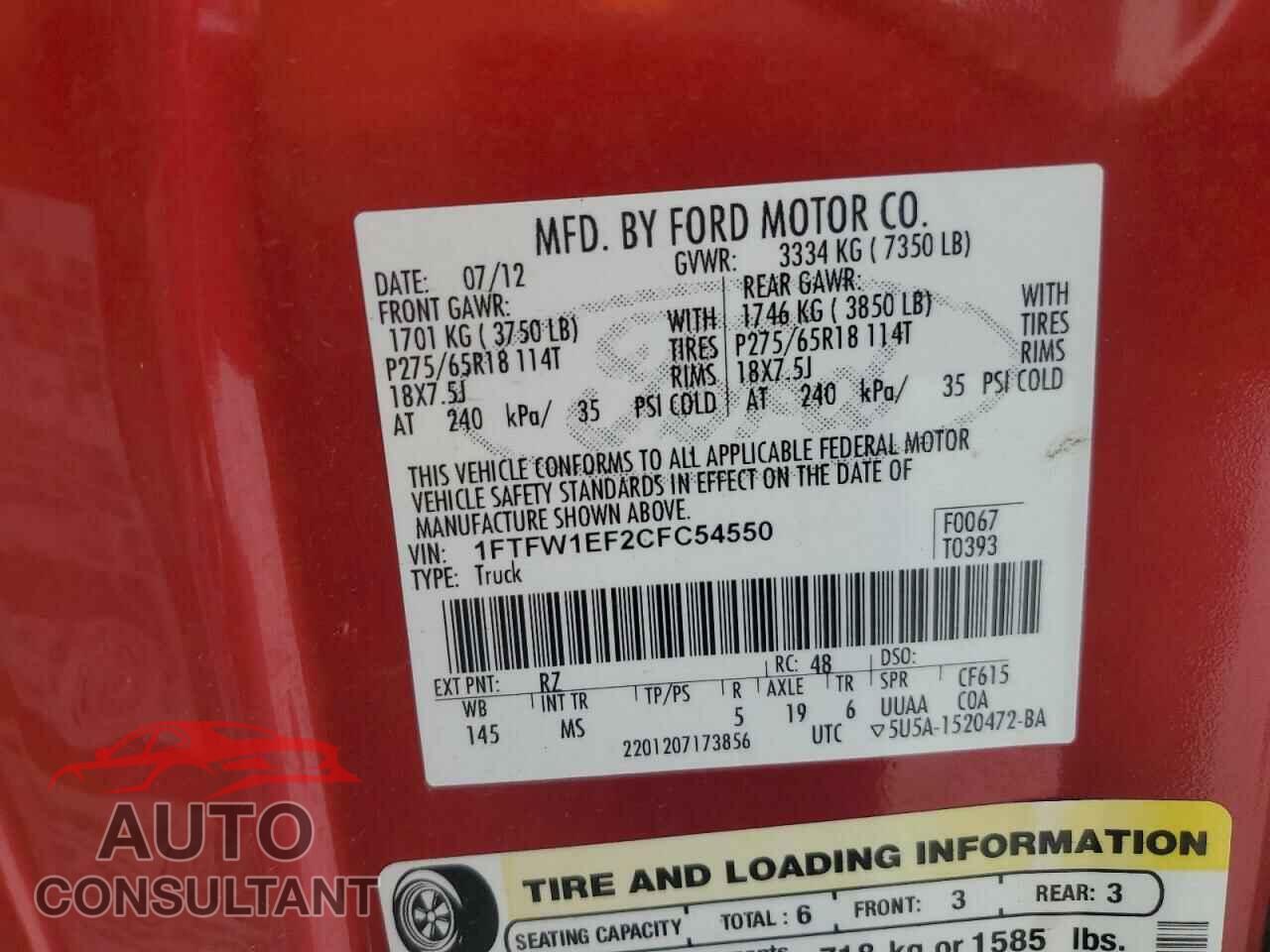FORD F-150 2012 - 1FTFW1EF2CFC54550