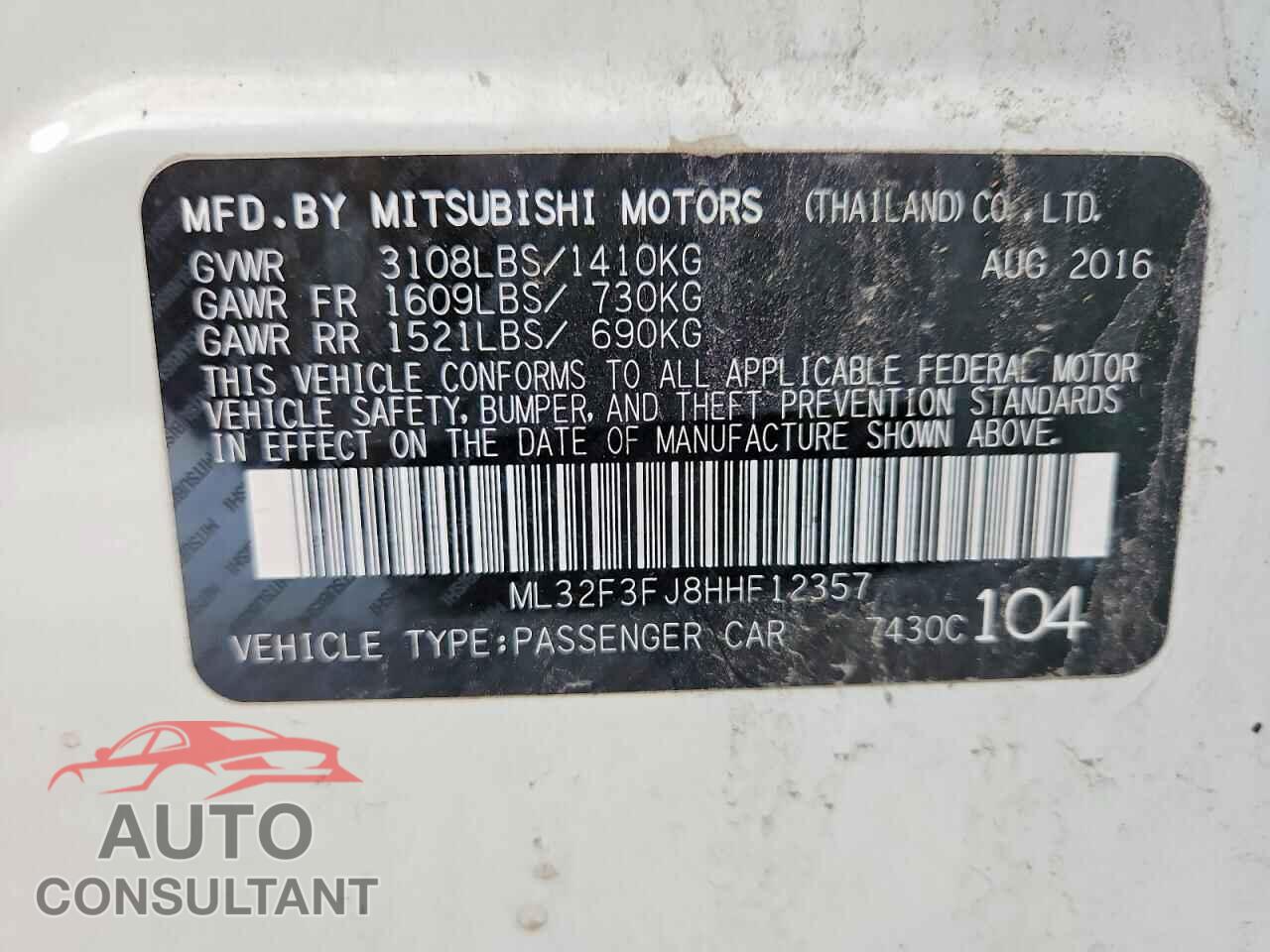 MITSUBISHI MIRAGE 2017 - ML32F3FJ8HHF12357