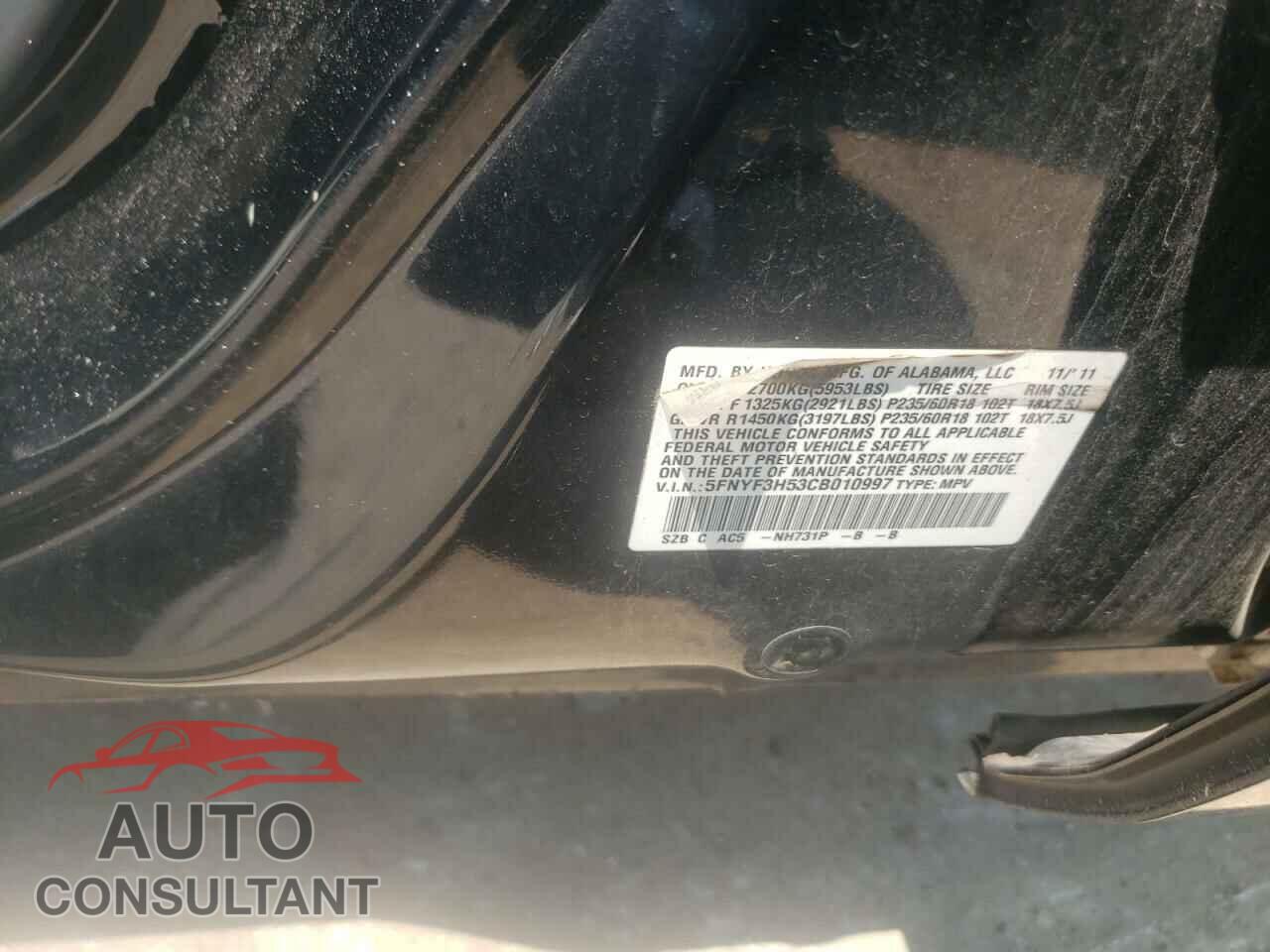 HONDA PILOT 2012 - 5FNYF3H53CB010997