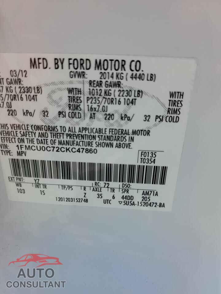 FORD ESCAPE 2012 - 1FMCU0C72CKC47860