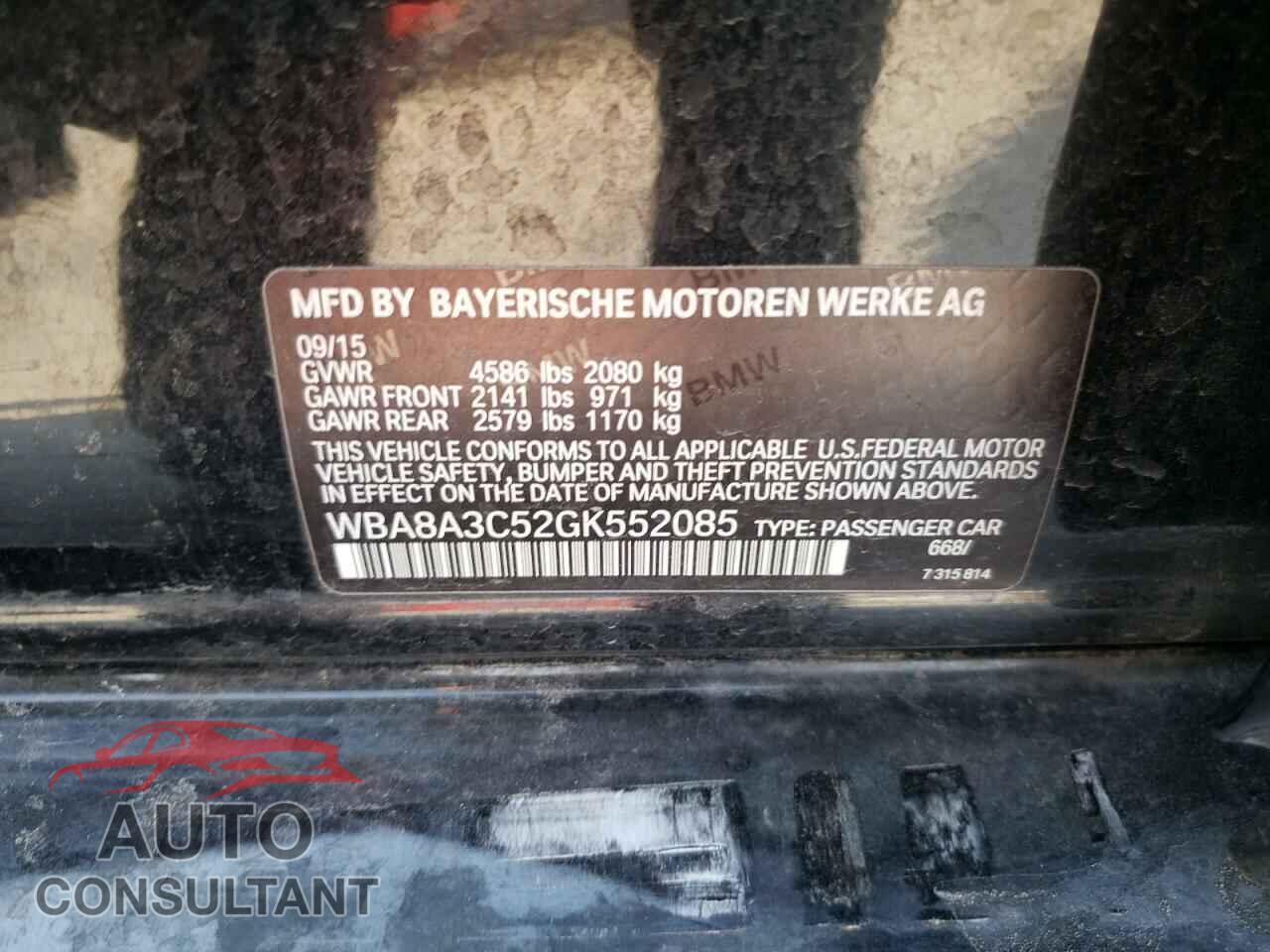 BMW 3 SERIES 2016 - WBA8A3C52GK552085
