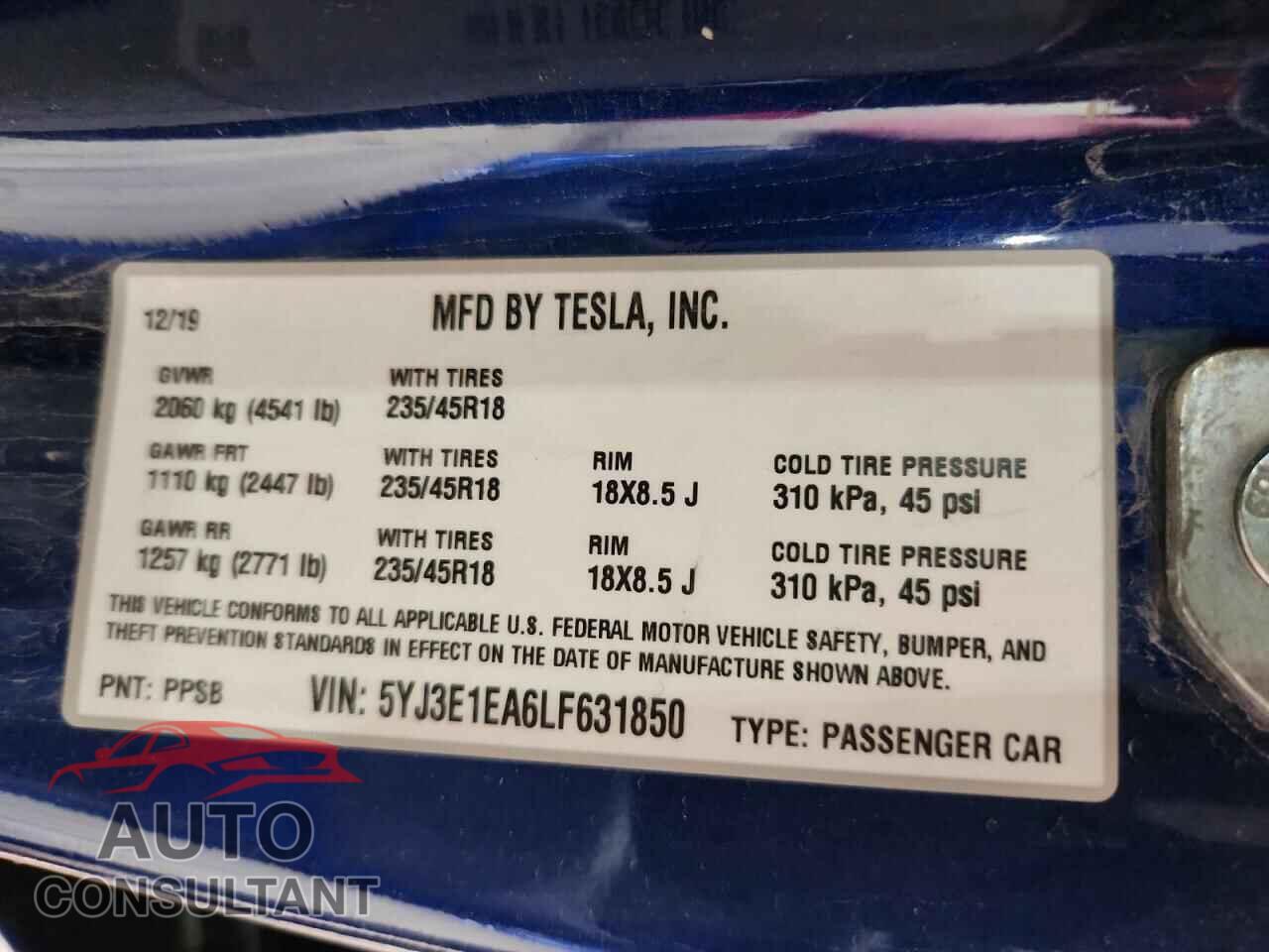TESLA MODEL 3 2020 - 5YJ3E1EA6LF631850