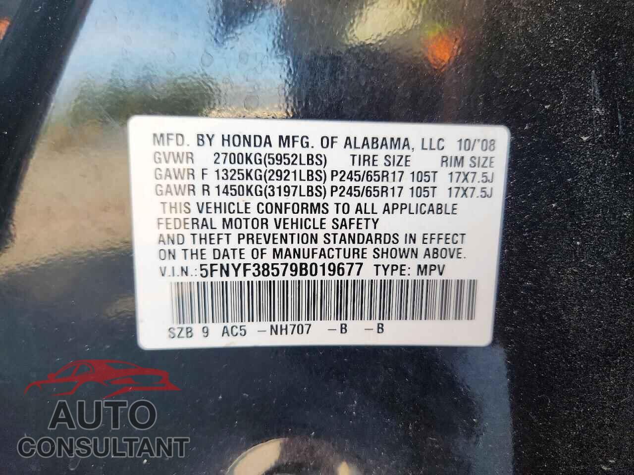 HONDA PILOT 2009 - 5FNYF38579B019677