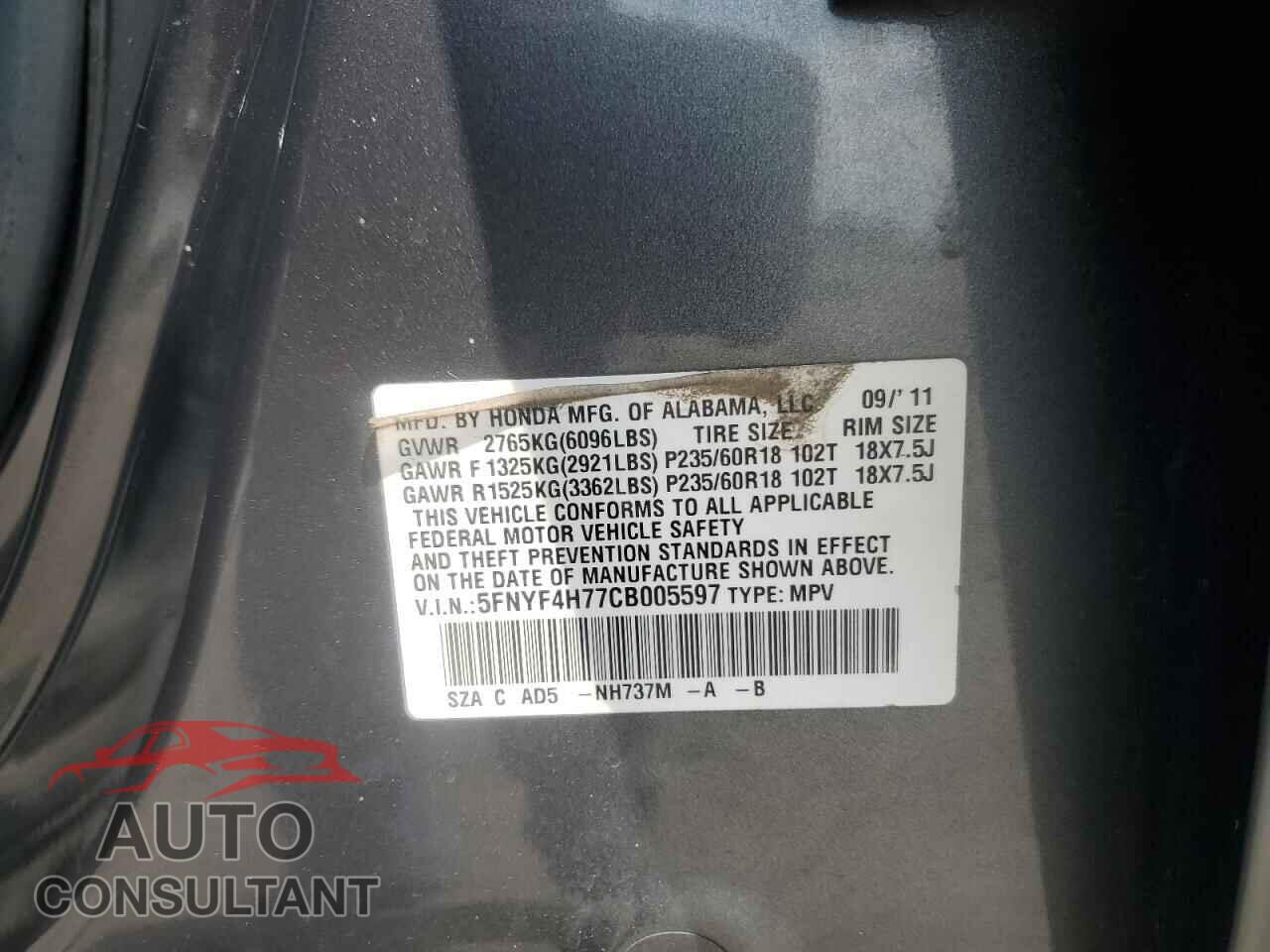 HONDA PILOT 2012 - 5FNYF4H77CB005597