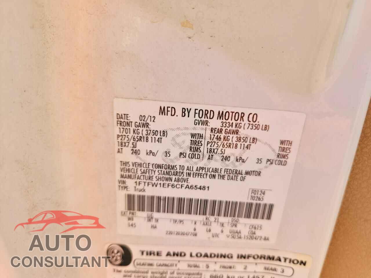 FORD F150 2012 - 1FTFW1EF6CFA65481