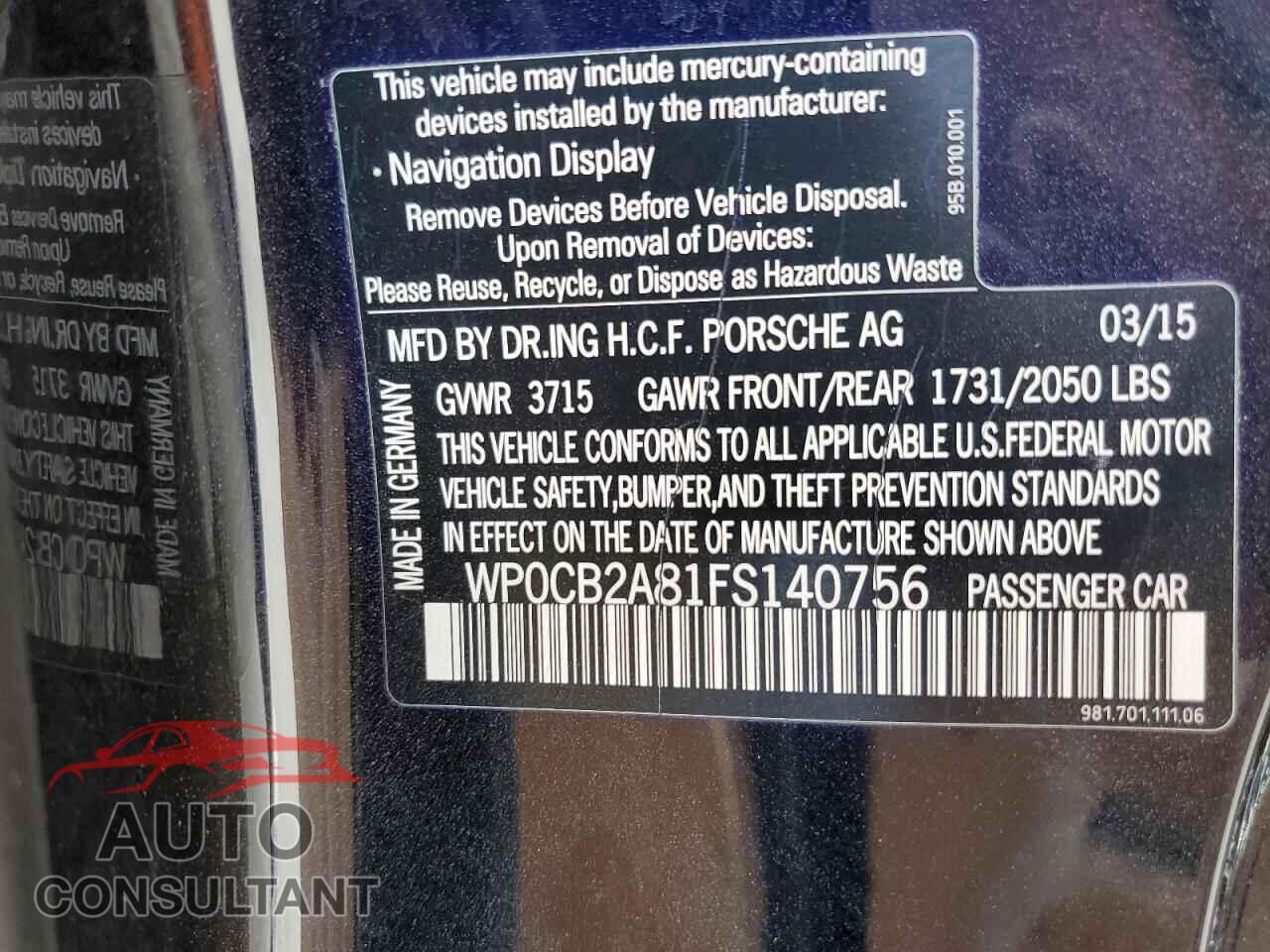 PORSCHE BOXSTER 2015 - WP0CB2A81FS140756