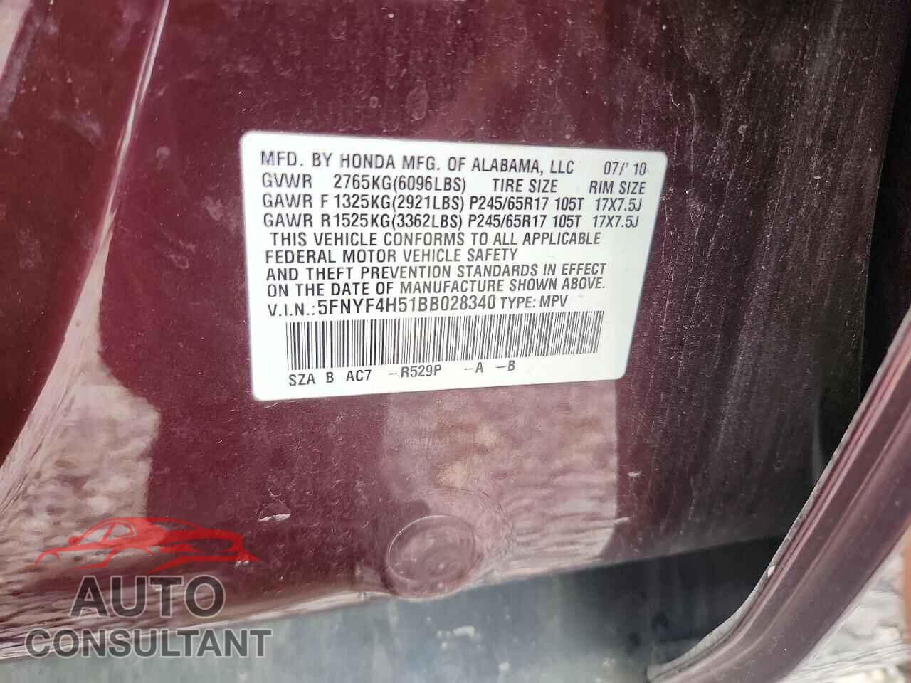 HONDA PILOT 2011 - 5FNYF4H51BB028340
