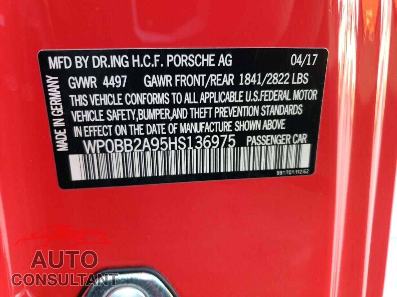 PORSCHE 911 2017 - WP0BB2A95HS136975