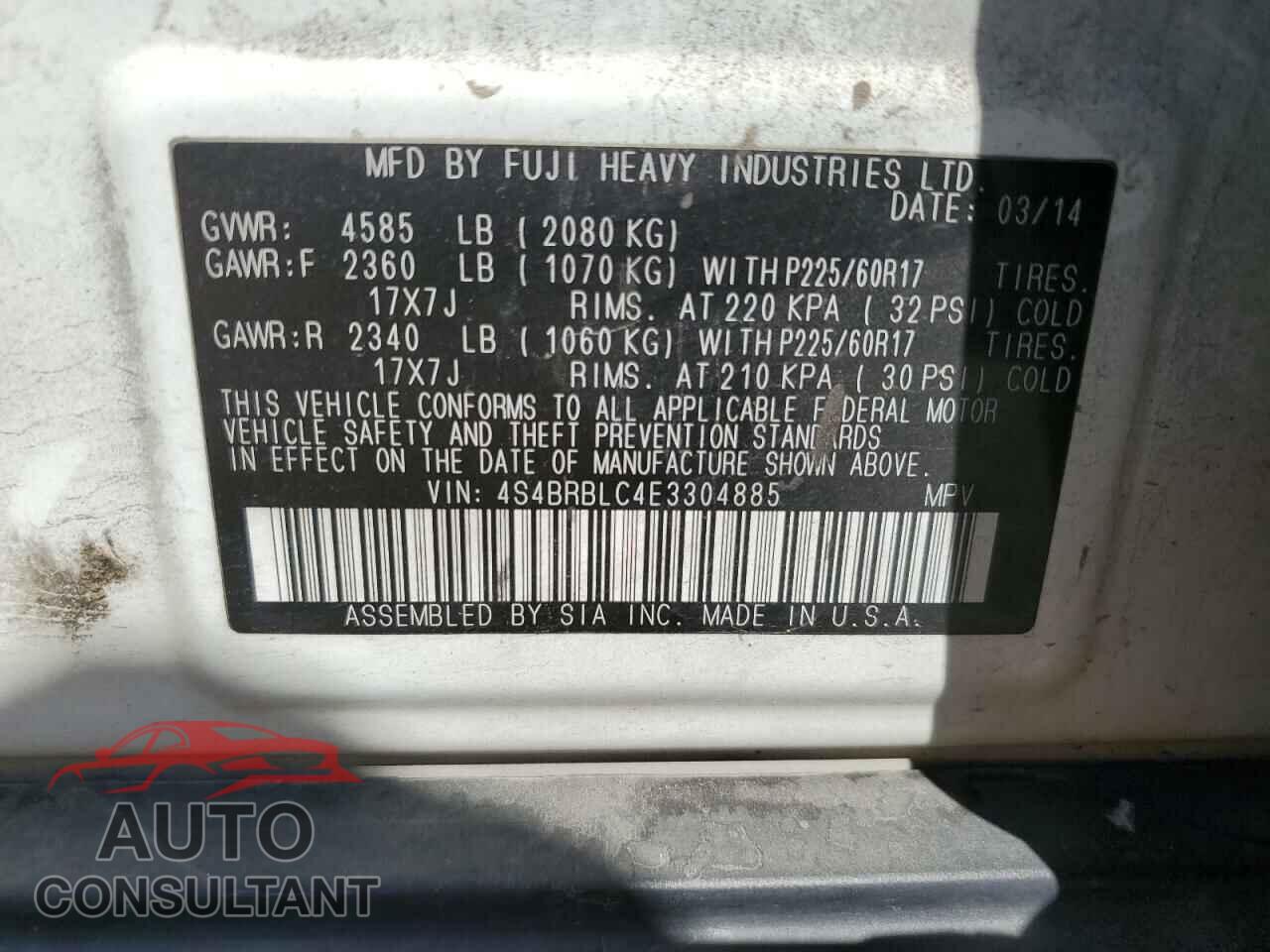 SUBARU OUTBACK 2014 - 4S4BRBLC4E3304885