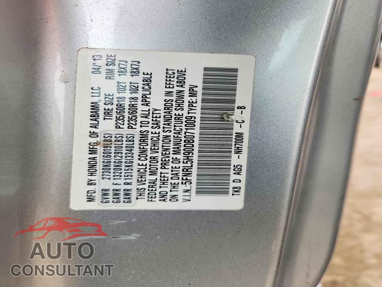 HONDA ODYSSEY 2013 - 5FNRL5H90DB071009