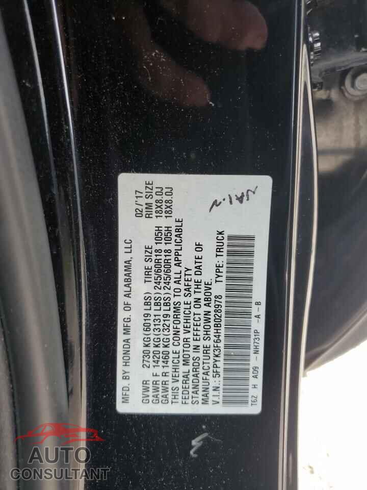HONDA RIDGELINE 2017 - 5FPYK3F64HB028978