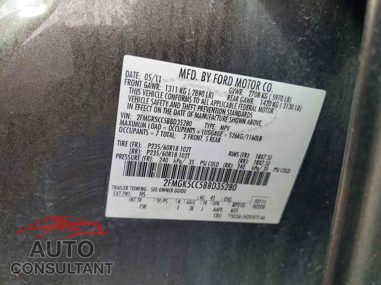 FORD FLEX 2011 - 2FMGK5CC5BBD35280