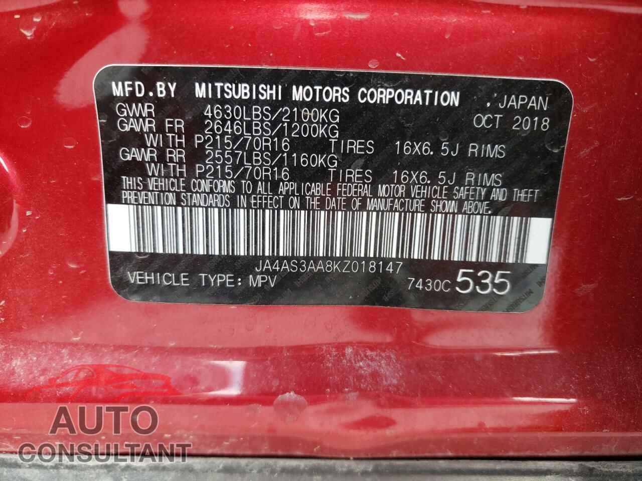 MITSUBISHI ECLIPSE 2019 - JA4AS3AA8KZ018147
