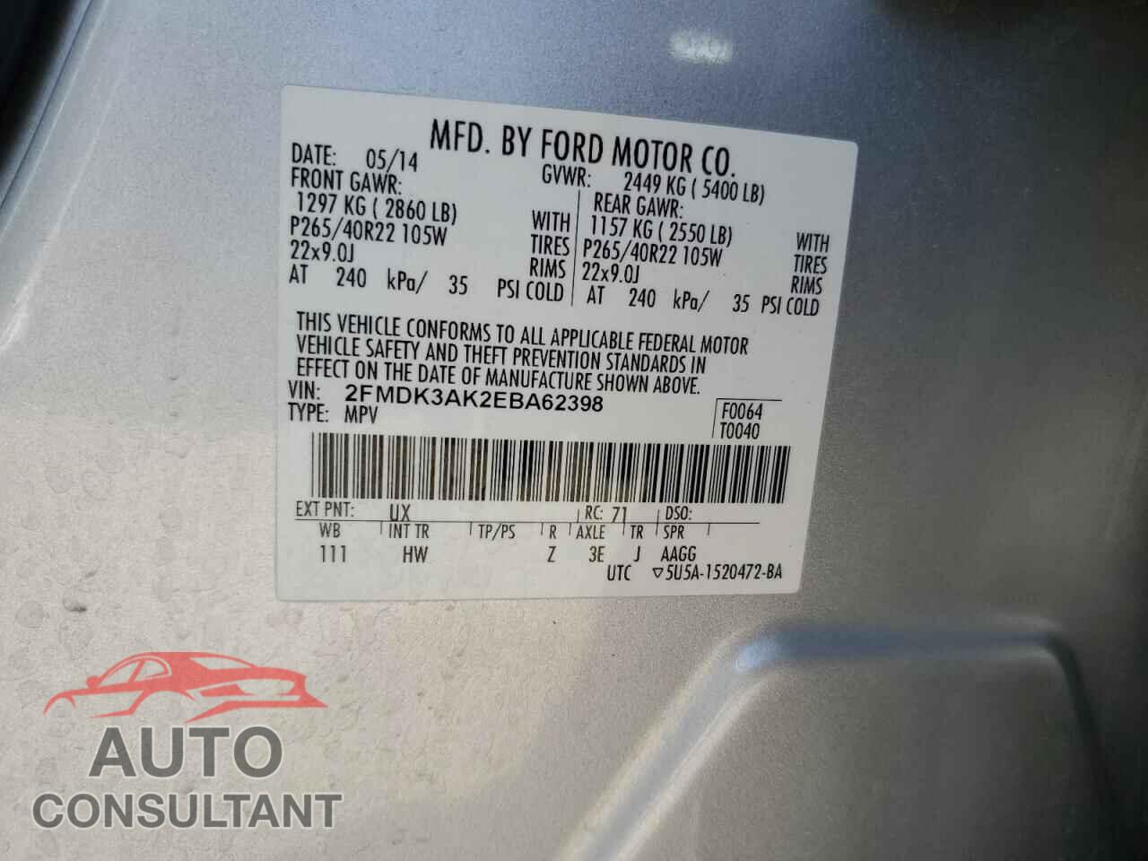 FORD EDGE 2014 - 2FMDK3AK2EBA62398