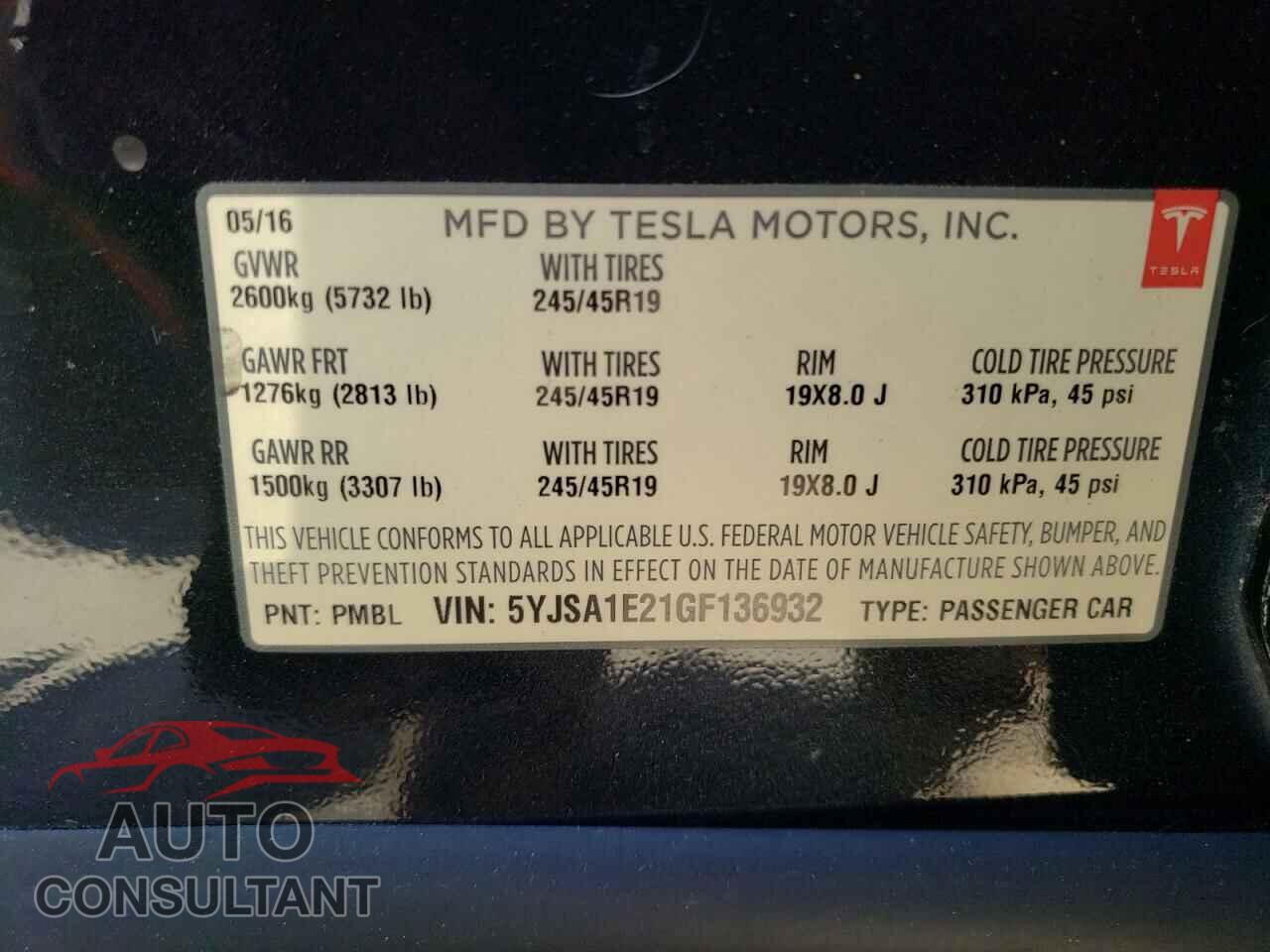 TESLA MODEL S 2016 - 5YJSA1E21GF136932