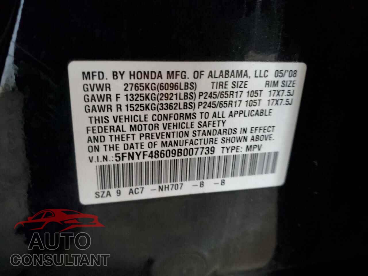 HONDA PILOT 2009 - 5FNYF48609B007739