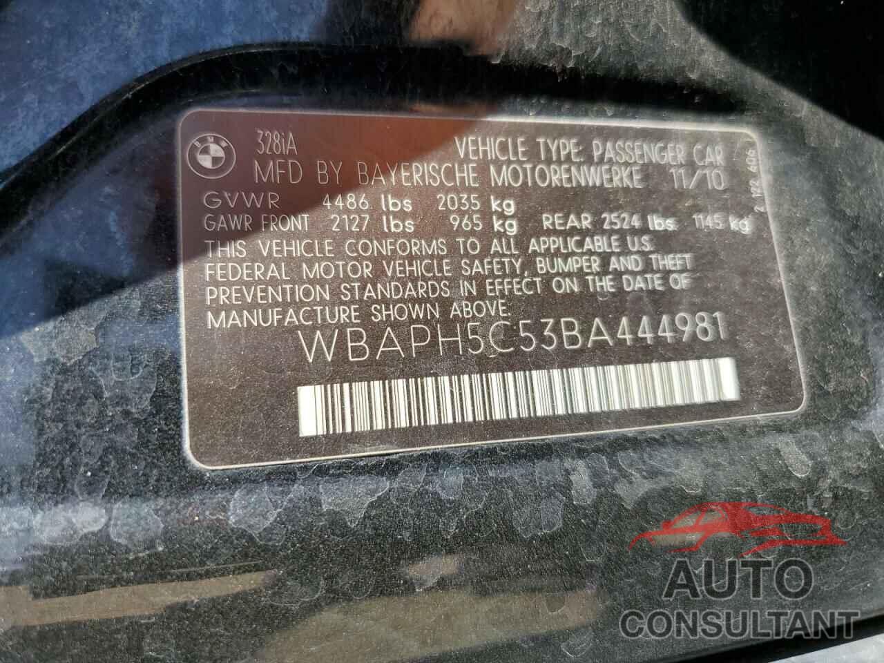 BMW 3 SERIES 2011 - WBAPH5C53BA444981