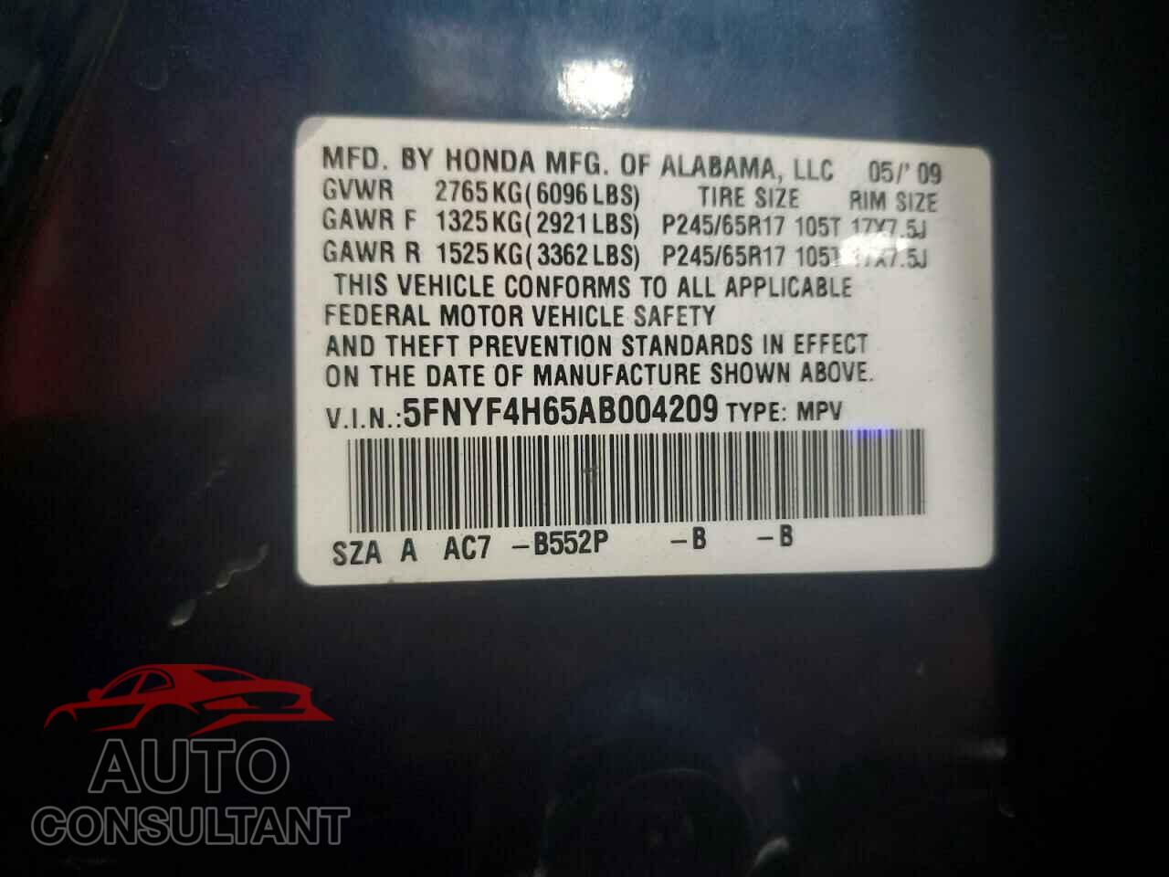 HONDA PILOT 2010 - 5FNYF4H65AB004209