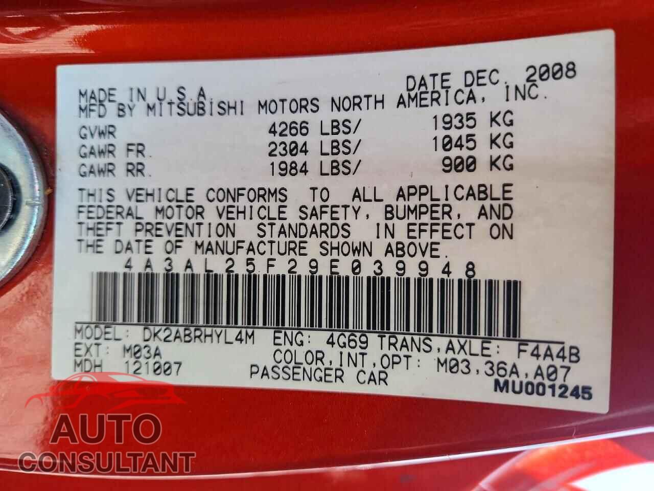 MITSUBISHI ECLIPSE 2009 - 4A3AL25F29E039948