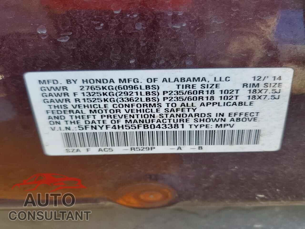 HONDA PILOT 2015 - 5FNYF4H55FB043381