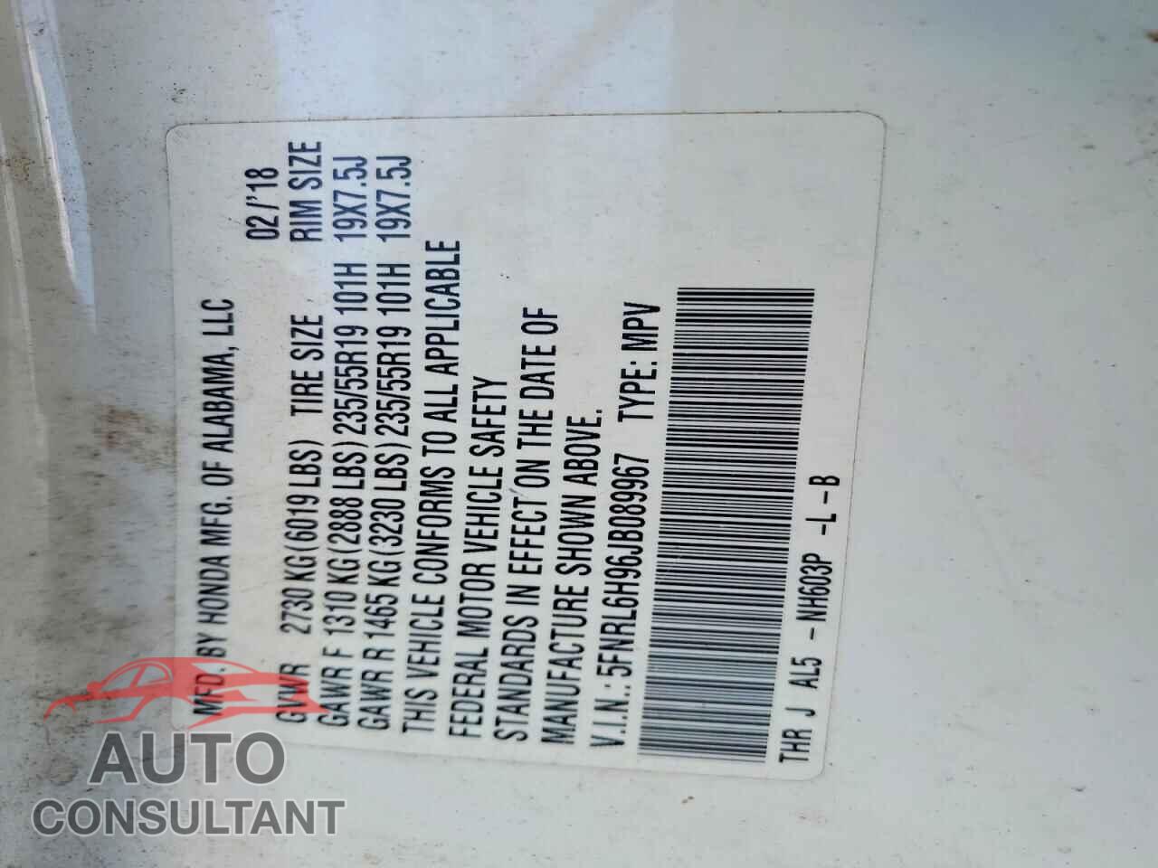 HONDA ODYSSEY 2018 - 5FNRL6H96JB089967
