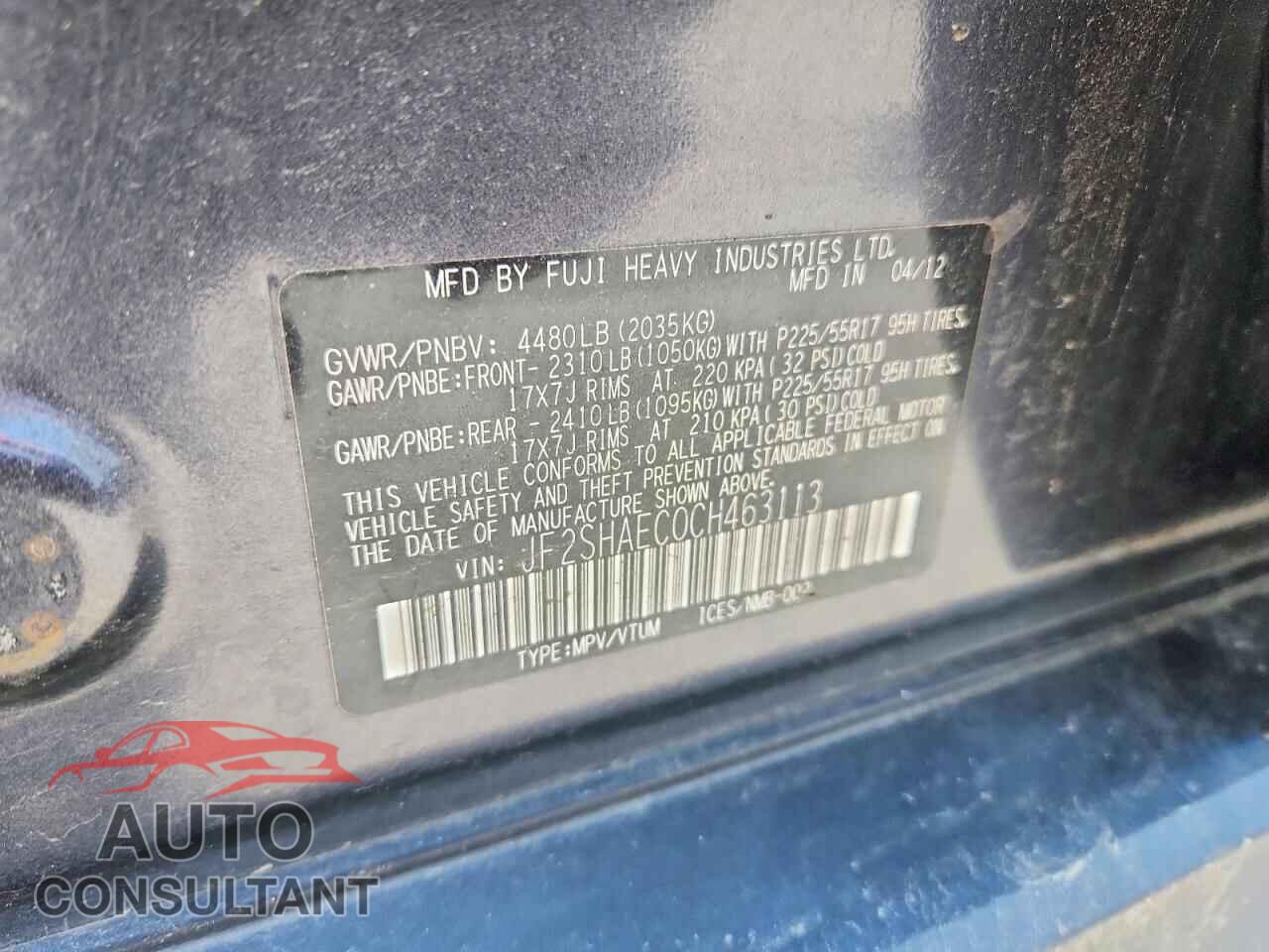 SUBARU FORESTER 2012 - JF2SHAEC0CH463113