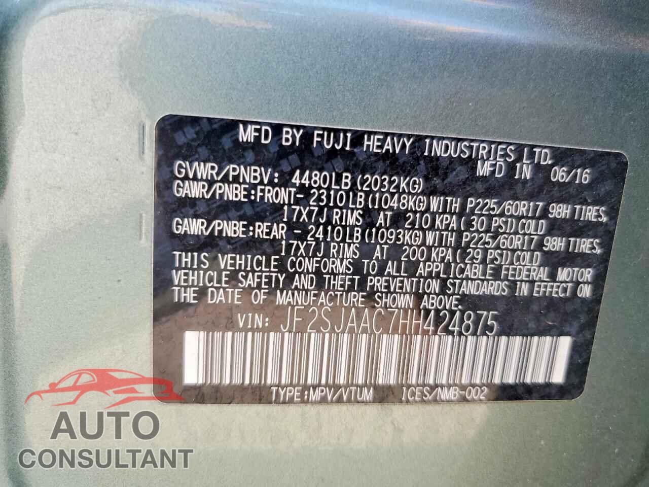 SUBARU FORESTER 2017 - JF2SJAAC7HH424875