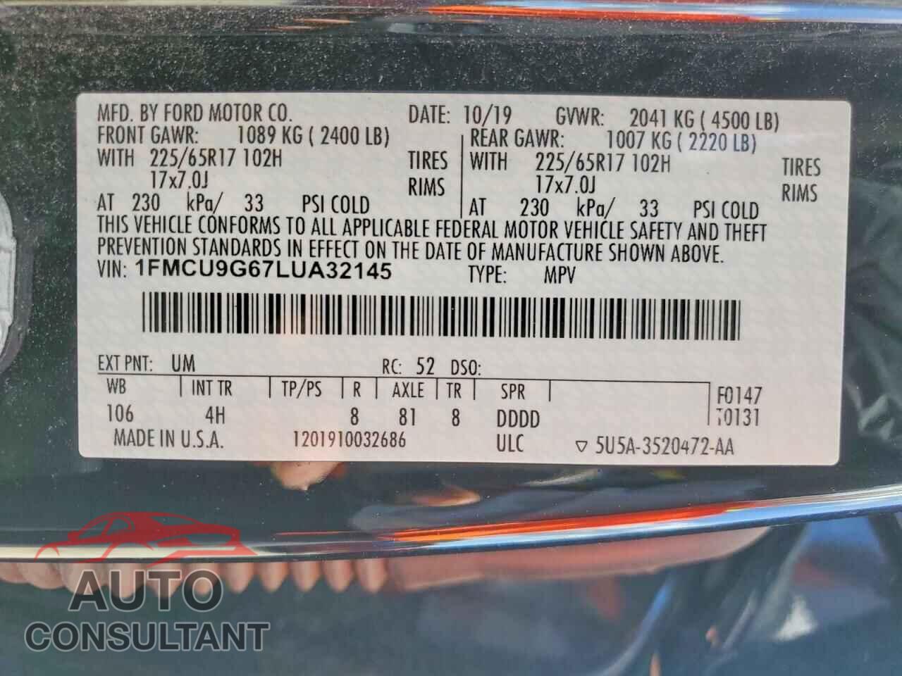 FORD ESCAPE 2020 - 1FMCU9G67LUA32145
