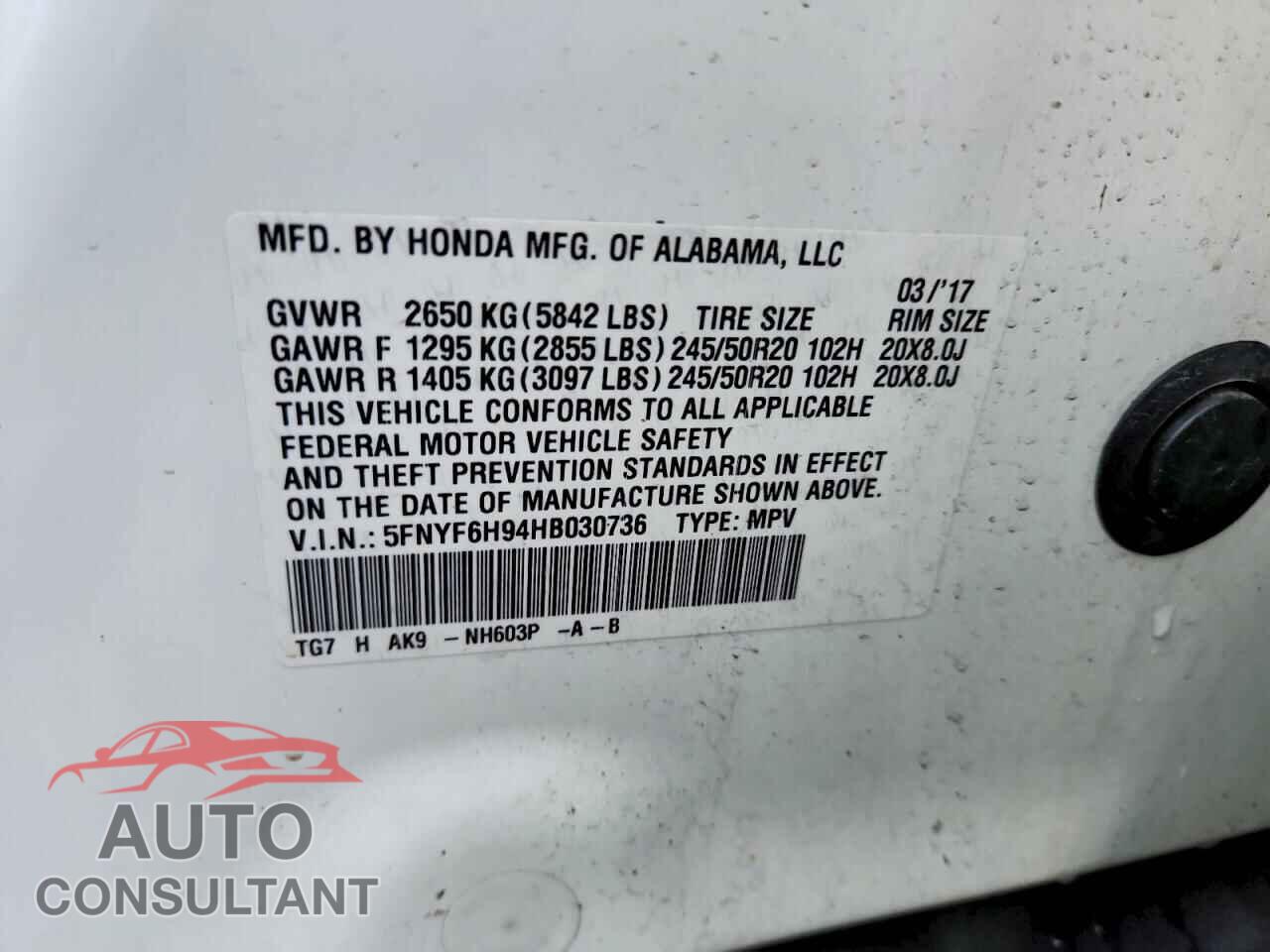 HONDA PILOT 2017 - 5FNYF6H94HB030736