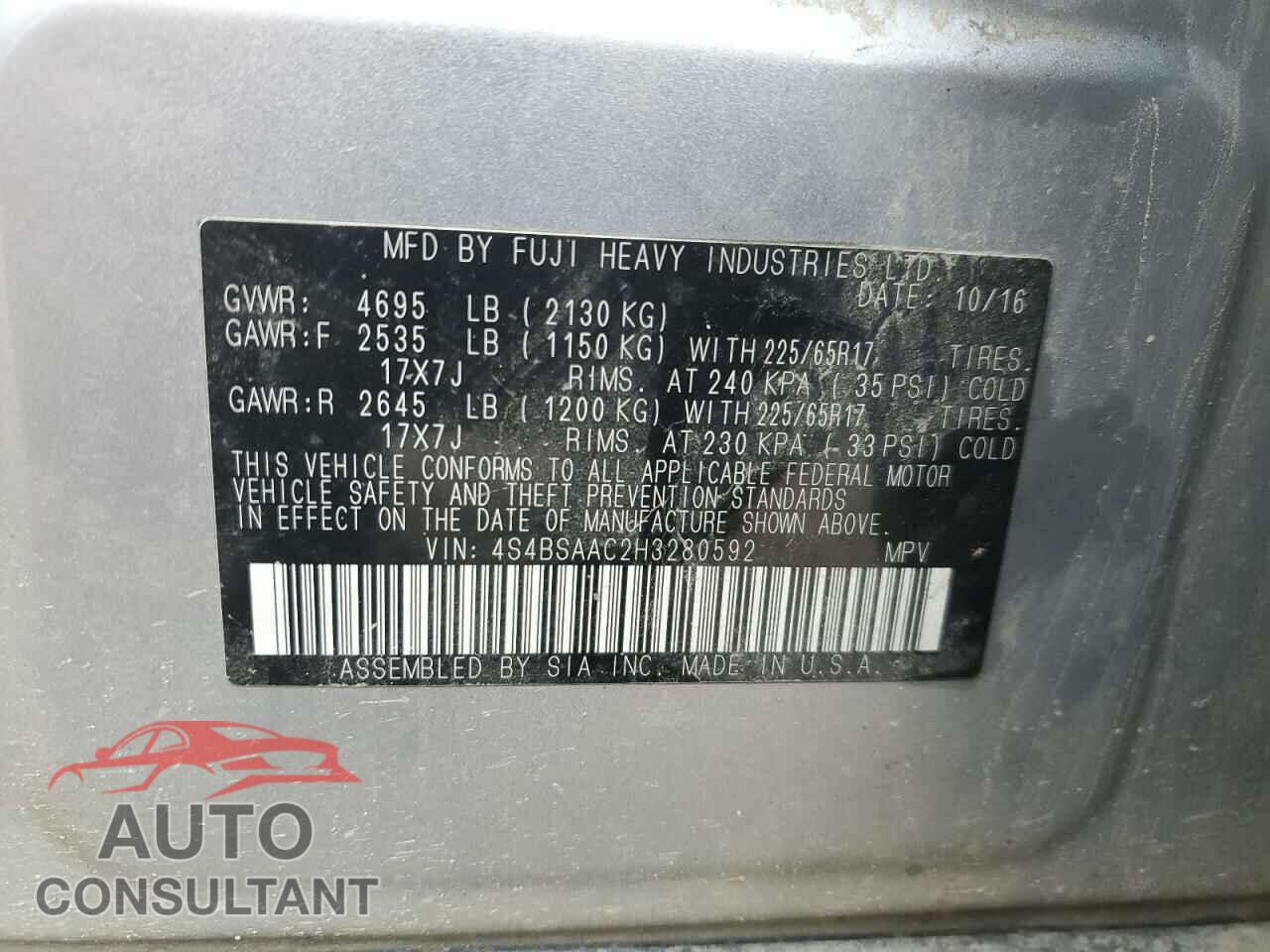 SUBARU OUTBACK 2017 - 4S4BSAAC2H3280592