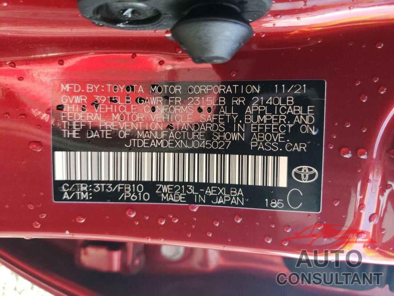 TOYOTA COROLLA 2022 - JTDEAMDEXNJ045027