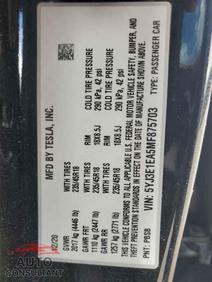 TESLA MODEL 3 2021 - 5YJ3E1EA5MF875703
