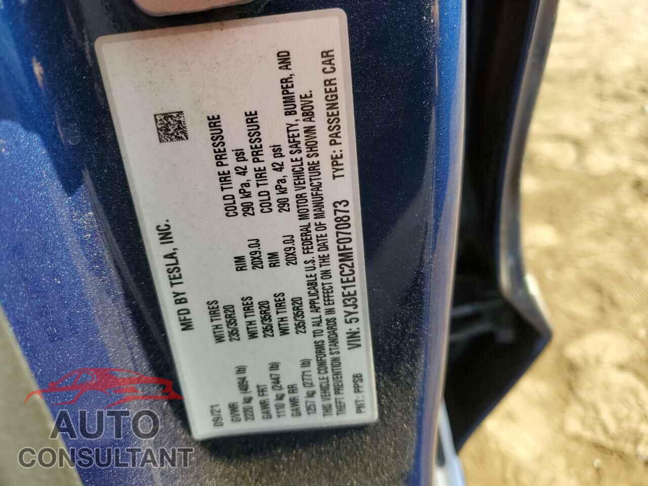 TESLA MODEL 3 2021 - 5YJ3E1EC2MF070873