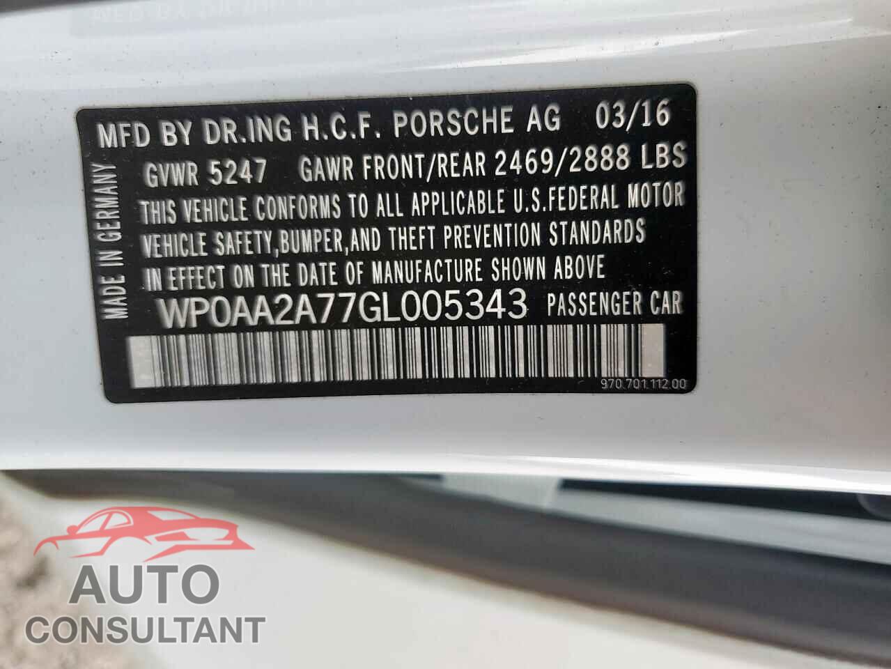 PORSCHE PANAMERA 2016 - WP0AA2A77GL005343