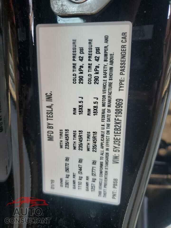 TESLA MODEL 3 2019 - 5YJ3E1EB2KF198969