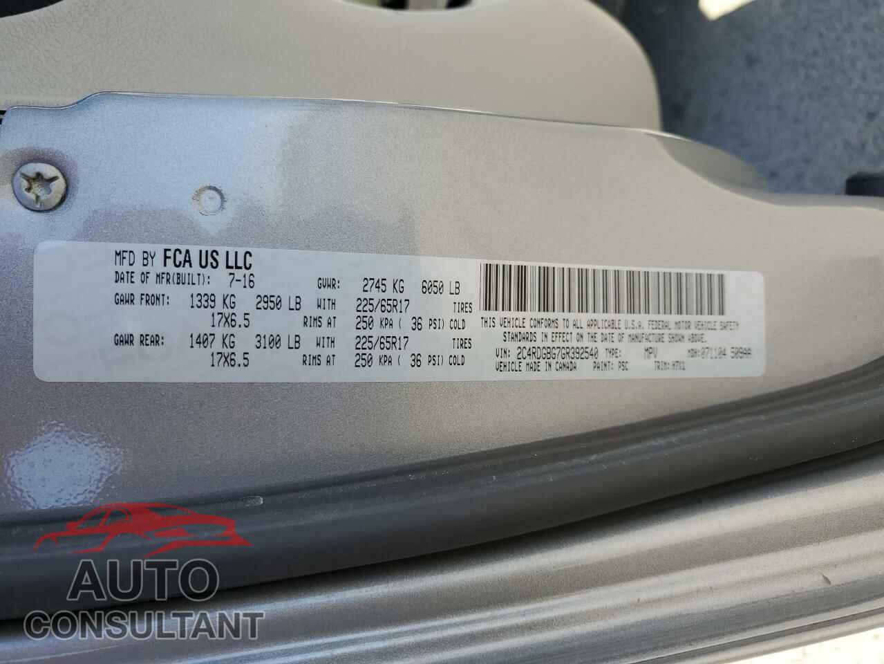 DODGE CARAVAN 2016 - 2C4RDGBG7GR392540