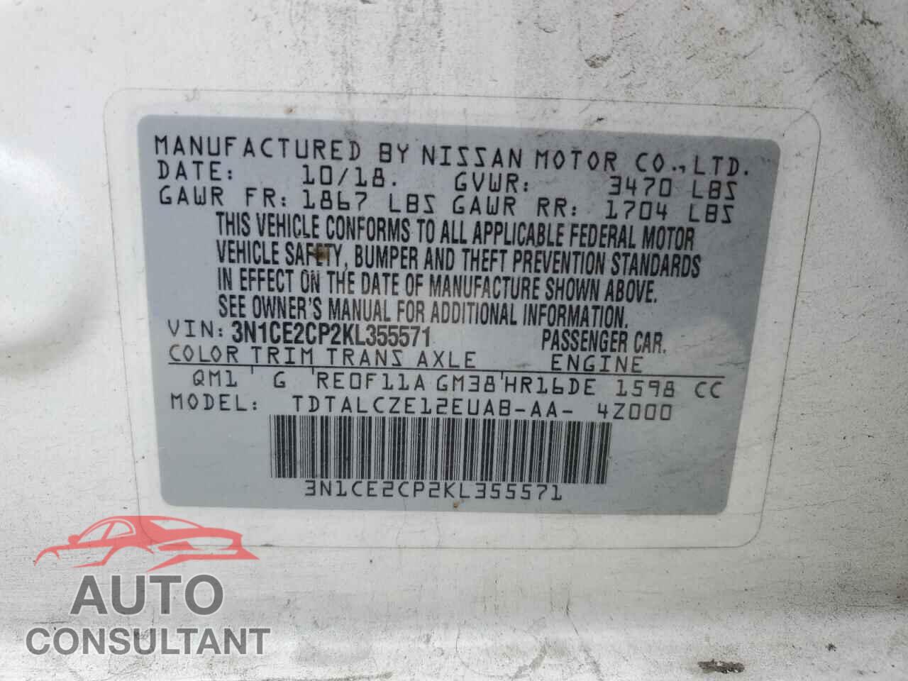 NISSAN VERSA 2019 - 3N1CE2CP2KL355571
