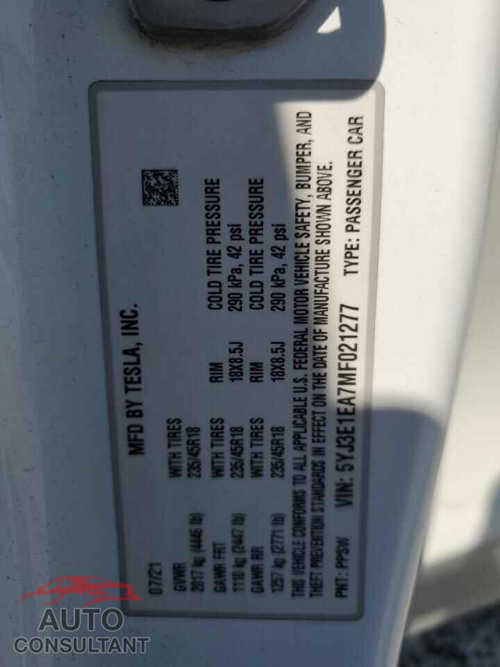TESLA MODEL 3 2021 - 5YJ3E1EA7MF021277