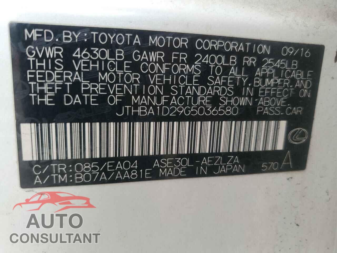 LEXUS IS 2016 - JTHBA1D29G5036580