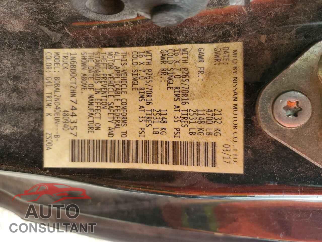 NISSAN FRONTIER 2017 - 1N6BD0CT2HN744357