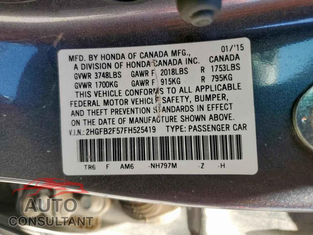 HONDA CIVIC 2015 - 2HGFB2F57FH525419
