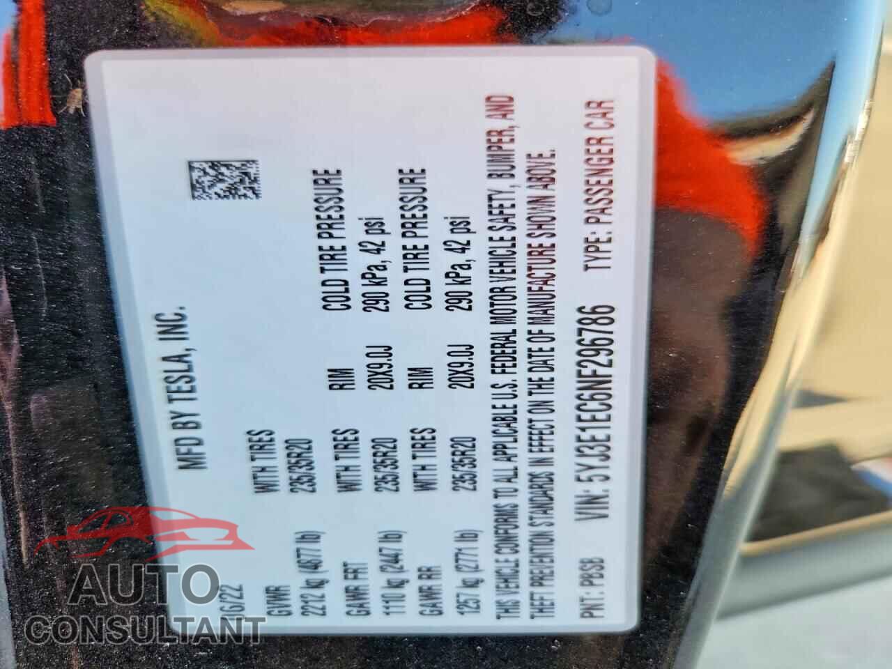 TESLA MODEL 3 2022 - 5YJ3E1EC6NF296786