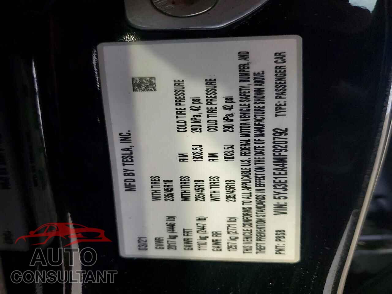 TESLA MODEL 3 2021 - 5YJ3E1EA4MF920792