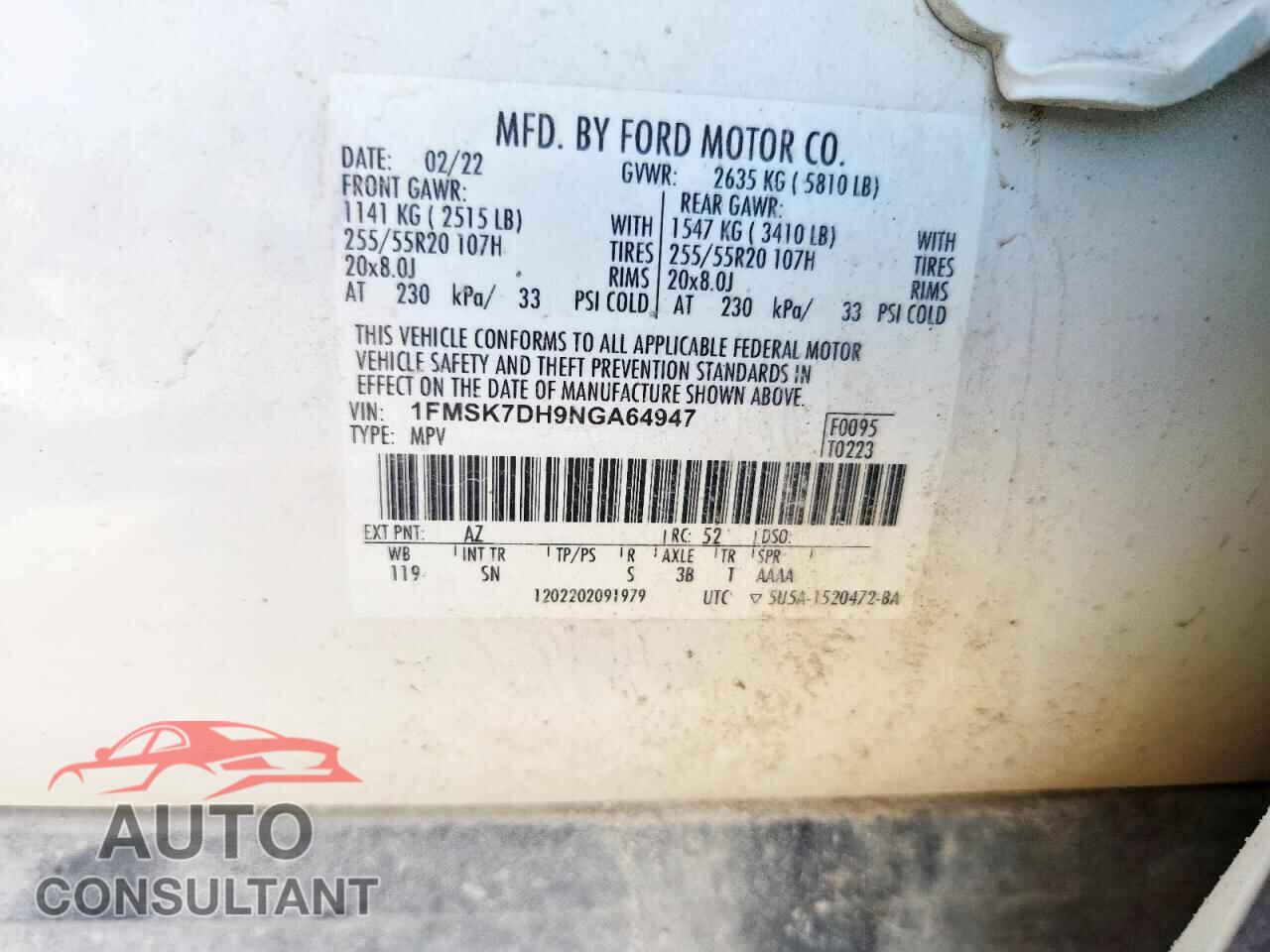 FORD EXPLORER 2022 - 1FMSK7DH9NGA64947