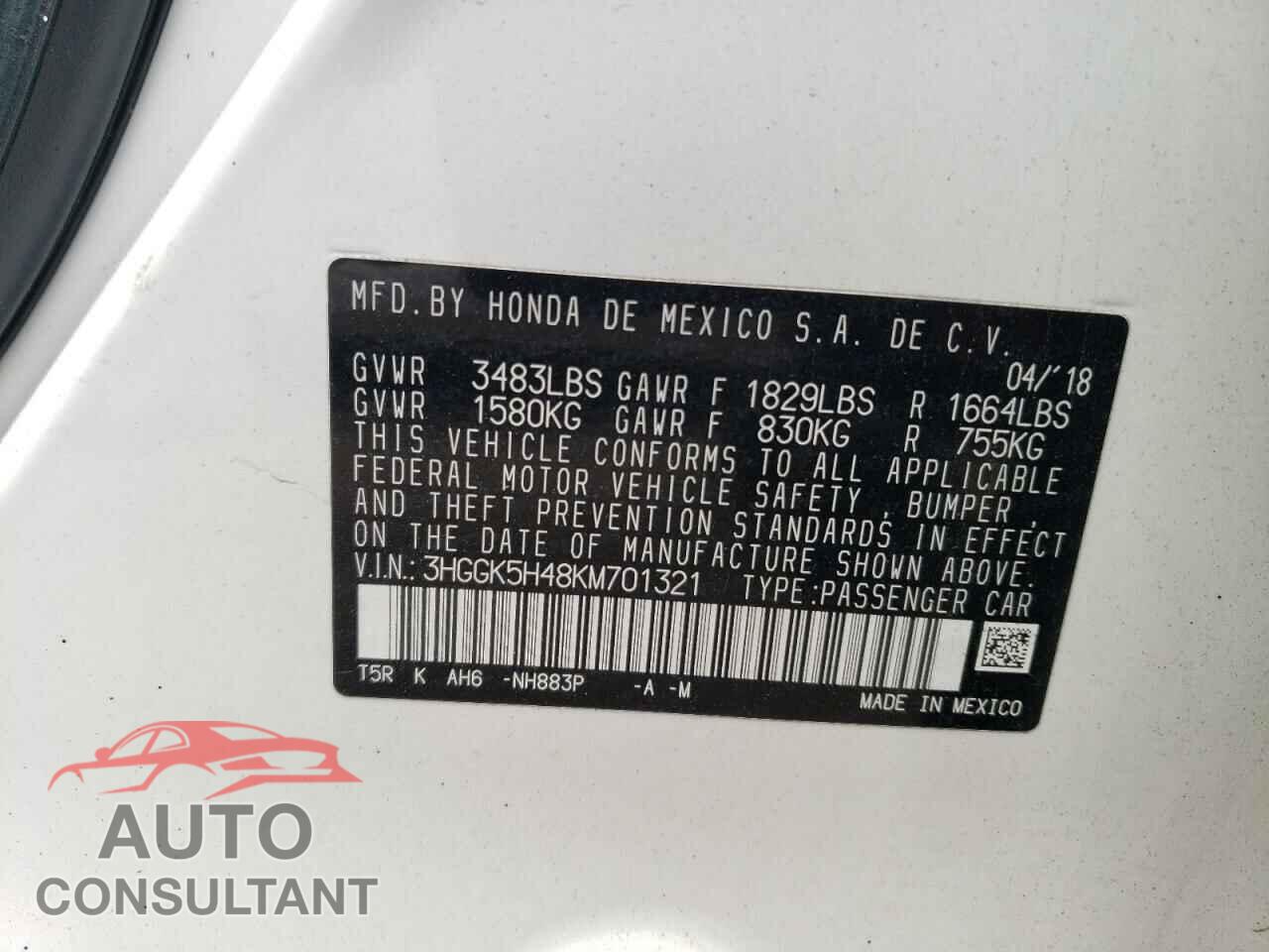 HONDA FIT 2019 - 3HGGK5H48KM701321
