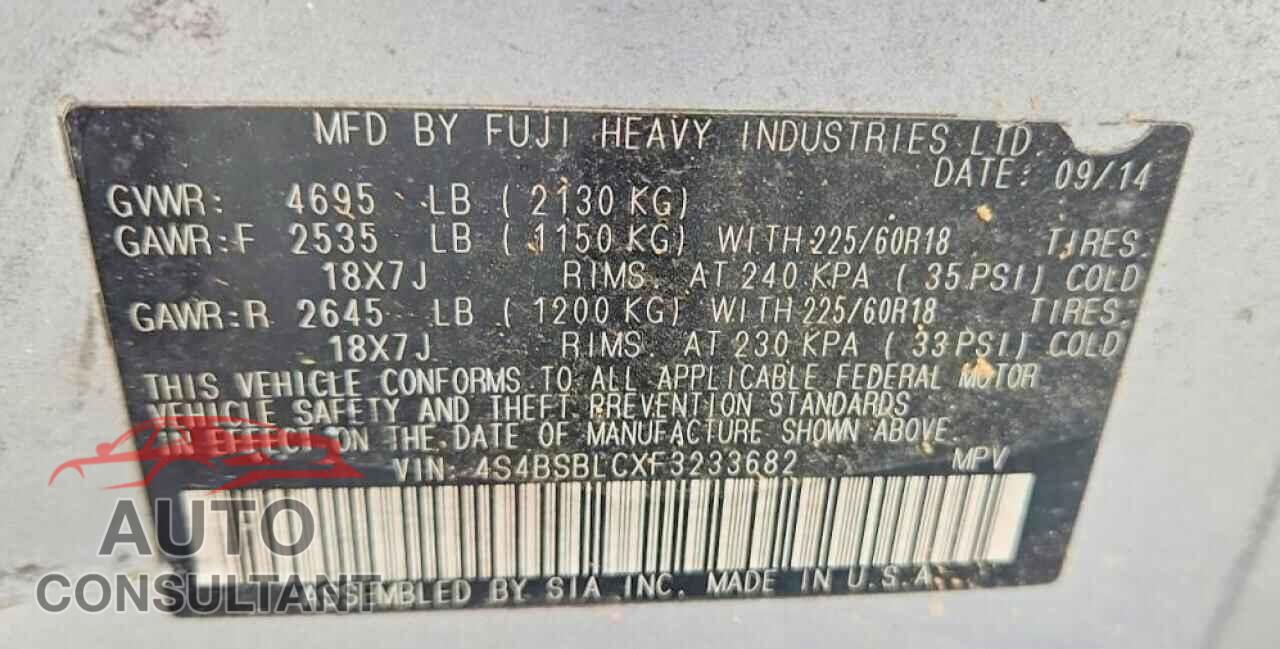 SUBARU OUTBACK 2015 - 4S4BSBLCXF3233682