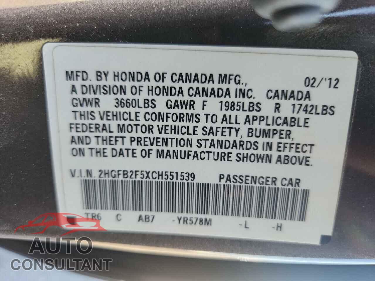 HONDA CIVIC 2012 - 2HGFB2F5XCH551539